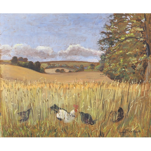 728 - Michael John Blaker (1928-2018) two oils on board, Woodland landscape and Chickens in a field, each ... 