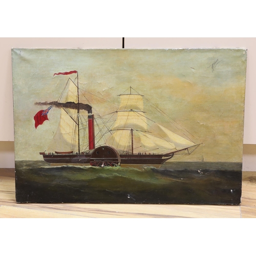 729 - 19th century English school, maritime interest oil on canvas, Paddlesteamer, William Fawcett, 46 x 6... 