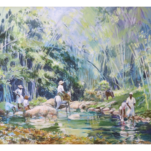 731 - Kinrara Scott, oil on canvas board, river landscape with figures and donkeys, signed, 57 x 61cm... 