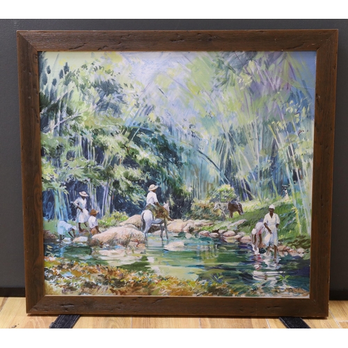 731 - Kinrara Scott, oil on canvas board, river landscape with figures and donkeys, signed, 57 x 61cm... 