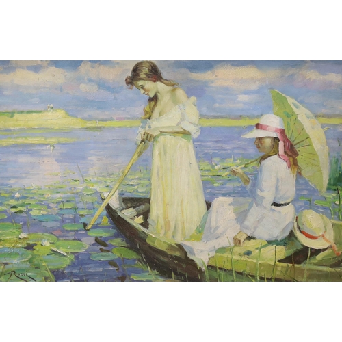 733 - After Alexander Rossi (1840-1916), modern oil on board, young ladies in a punt, bears signature, 49 ... 