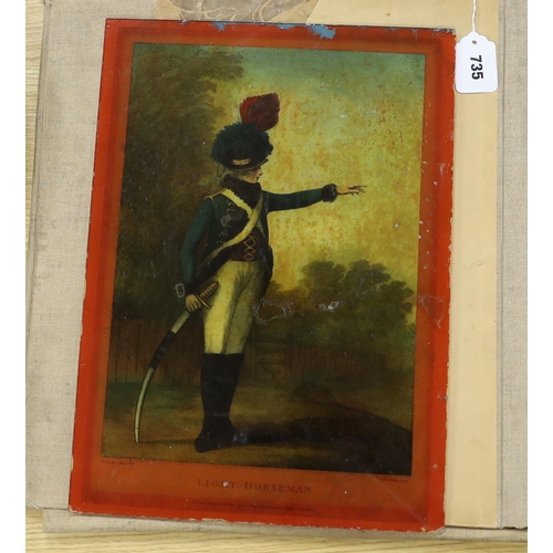 735 - After Henry Bunbury (1750-1811), reverse painted print on glass, Light Cavalry Horseman, publ. Londo... 