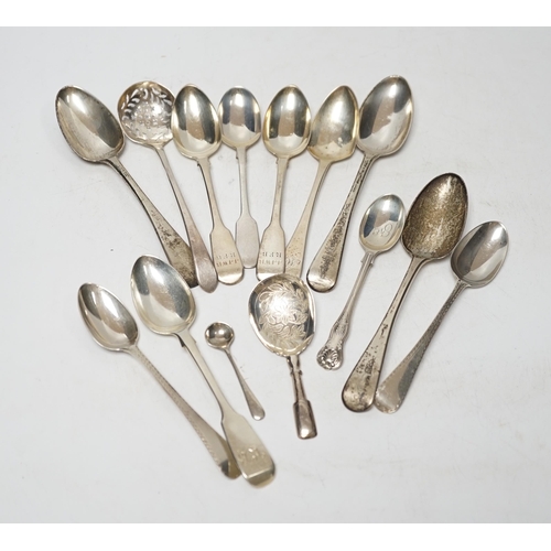 847 - A quantity of assorted 18th century and later flatware, mainly teaspoons including a set of six base... 