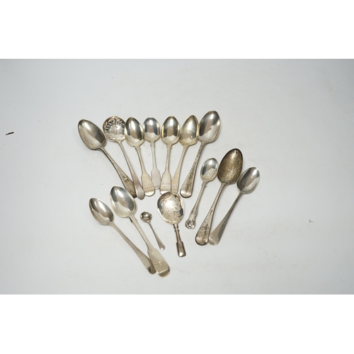 847 - A quantity of assorted 18th century and later flatware, mainly teaspoons including a set of six base... 