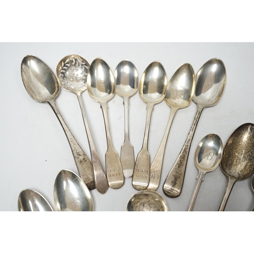 847 - A quantity of assorted 18th century and later flatware, mainly teaspoons including a set of six base... 