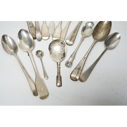 847 - A quantity of assorted 18th century and later flatware, mainly teaspoons including a set of six base... 