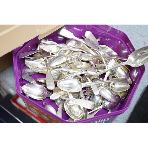 847 - A quantity of assorted 18th century and later flatware, mainly teaspoons including a set of six base... 