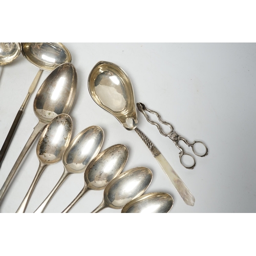 851 - A late William IV silver fiddle pattern basting spoon, London, 1836, seven assorted 19th century sil... 