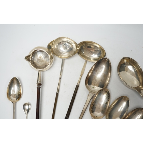 851 - A late William IV silver fiddle pattern basting spoon, London, 1836, seven assorted 19th century sil... 