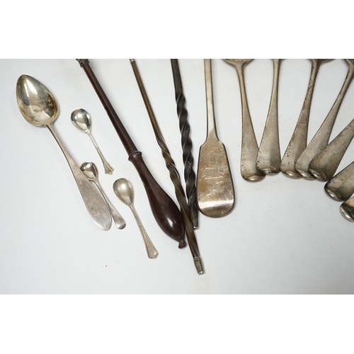 851 - A late William IV silver fiddle pattern basting spoon, London, 1836, seven assorted 19th century sil... 