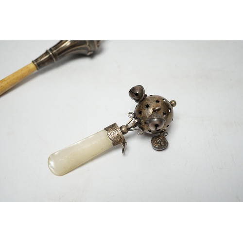 854 - Two baby's silver rattles, Edwardian with mother of pearl handle, Birmingham, 1908, 10cm and later G... 