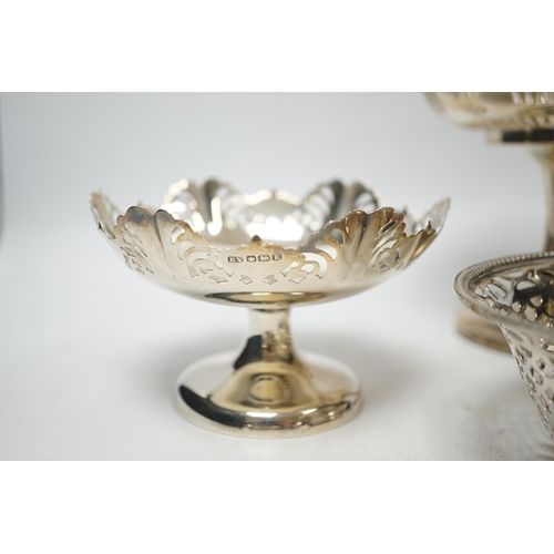 858 - A pair of George VI pierced silver pedestal bon bon dishes, Viners Ltd, Sheffield, 1947, 11.7cm and ... 