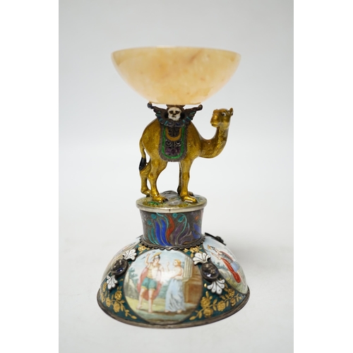 860 - A 19th century Viennese? white metal, polychrome enamel and onyx mounted small centrepiece decorated... 