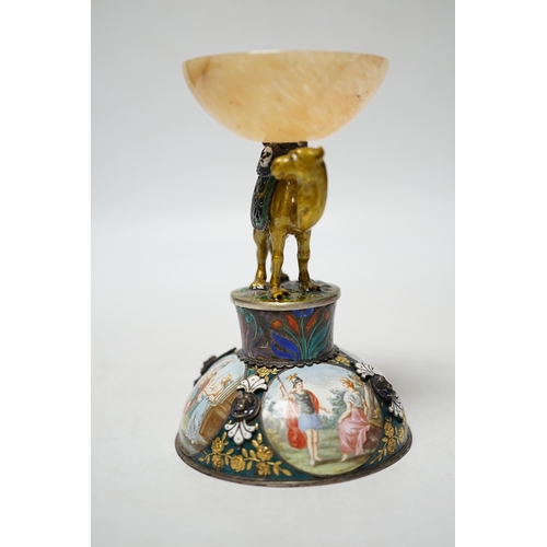 860 - A 19th century Viennese? white metal, polychrome enamel and onyx mounted small centrepiece decorated... 