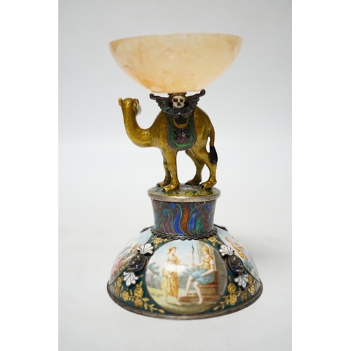 860 - A 19th century Viennese? white metal, polychrome enamel and onyx mounted small centrepiece decorated... 