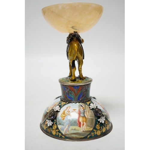 860 - A 19th century Viennese? white metal, polychrome enamel and onyx mounted small centrepiece decorated... 