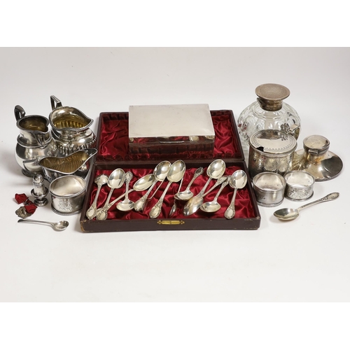 861 - A Victorian silver mustard pot (no liner), a cased set of twelve silver teaspoons and tongs, two sil... 