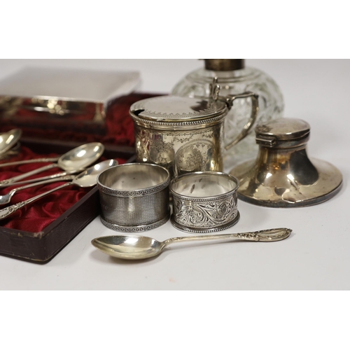 861 - A Victorian silver mustard pot (no liner), a cased set of twelve silver teaspoons and tongs, two sil... 