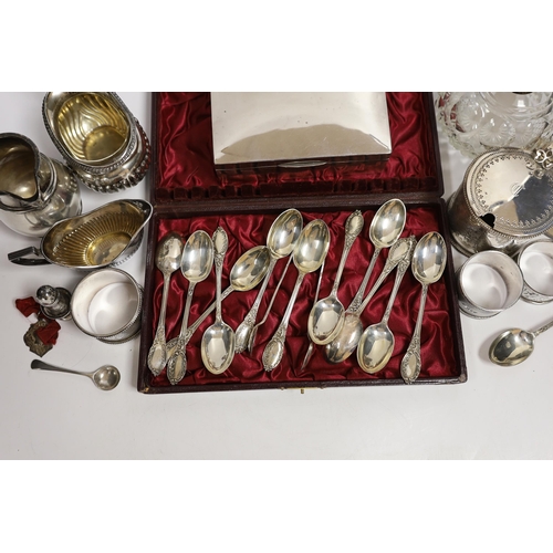 861 - A Victorian silver mustard pot (no liner), a cased set of twelve silver teaspoons and tongs, two sil... 