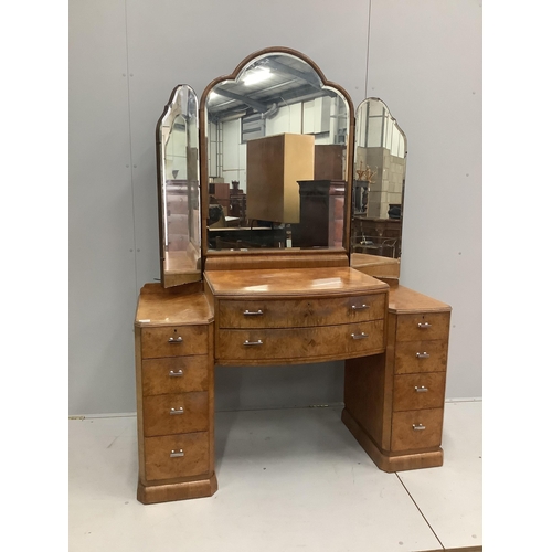 9 - An Art Deco style burr walnut kneehole dressing table, width 136cm, depth 53cm, height 188cm togethe... 