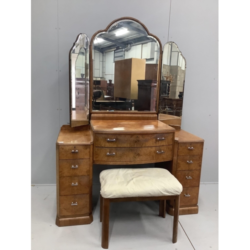 9 - An Art Deco style burr walnut kneehole dressing table, width 136cm, depth 53cm, height 188cm togethe... 