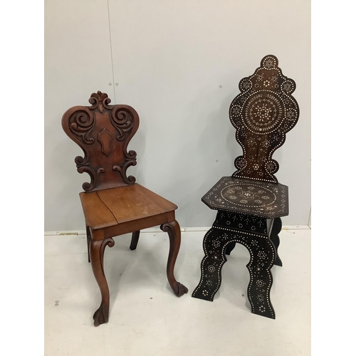 90 - A Damascan bone inlaid hardwood hall chair, height 105cm together with Victorian mahogany hall chair... 