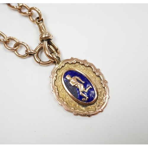 903 - A 9ct gold albert, 38cm, hung with a 9ct gold and enamel football related medal engraved 'L .&. D F.... 