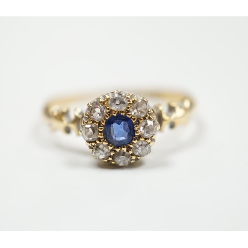 907 - A late Victorian 18ct gold, sapphire and diamond set circular cluster ring, Birmingham, 1889, size M... 