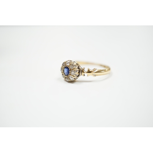 907 - A late Victorian 18ct gold, sapphire and diamond set circular cluster ring, Birmingham, 1889, size M... 