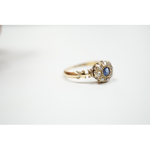 907 - A late Victorian 18ct gold, sapphire and diamond set circular cluster ring, Birmingham, 1889, size M... 