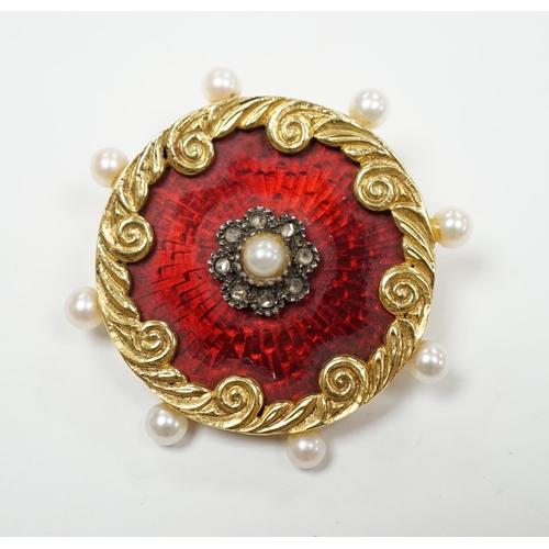 910 - A 1960's 18ct gold, seed pearl, enamel and rose cut diamond set circular brooch, 35mm, gross weight ... 