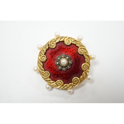 910 - A 1960's 18ct gold, seed pearl, enamel and rose cut diamond set circular brooch, 35mm, gross weight ... 