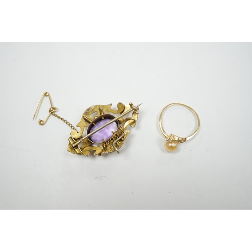 911 - A late Victorian yellow metal mounted amethyst brooch, 38mm pendant and a 10k, cultured pearl and di... 