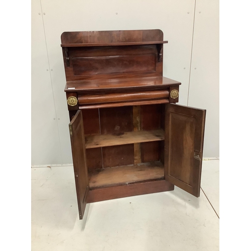 1021 - A small Victorian mahogany chiffonier, width 75cm, depth 36cm, height 118cm