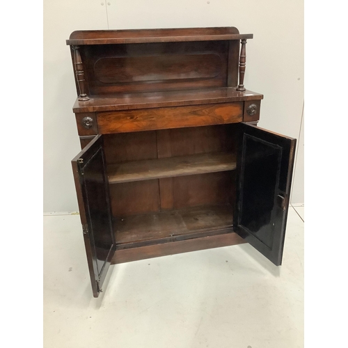 1022 - A small early Victorian rosewood chiffonier, width 92cm, depth 36cm, height 120cm