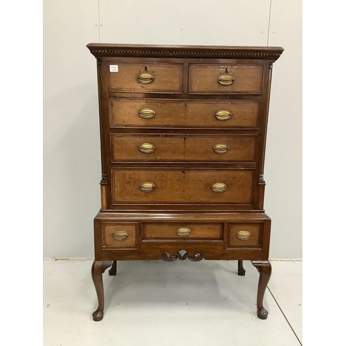 1037 - A George III mahogany banded oak chest on stand, width 97cm, depth 51cm, height 152cm