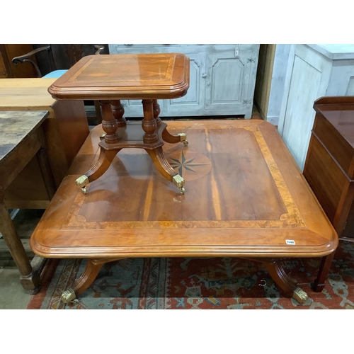 1048 - An inlaid yew wood square coffee table, 120cm, and a matching occasional table, width 54cm