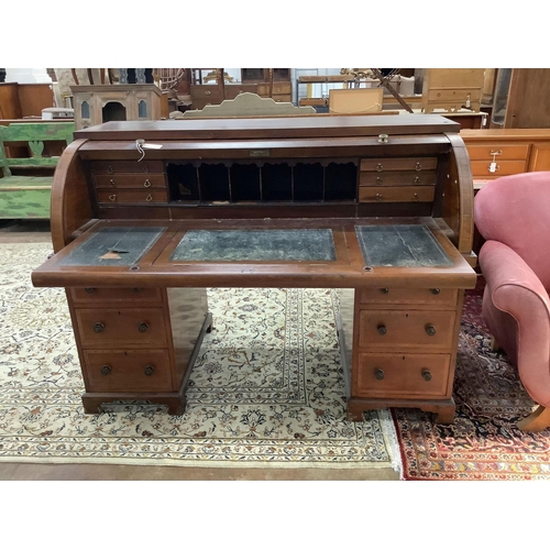 1059 - A late Victorian satinwood banded mahogany cylinder bureau, width 150cm, depth 76cm, height 109cm... 