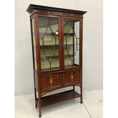 1097 - An Edwardian marquetry inlaid mahogany display cabinet, width 103cm, depth 36cm, height 181cm