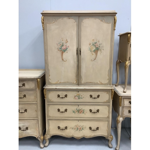 1101 - An 18th century style painted seven piece bedroom suite, comprising press cupboard, pair of bedside ... 