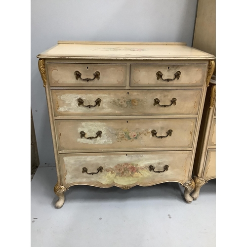 1101 - An 18th century style painted seven piece bedroom suite, comprising press cupboard, pair of bedside ... 