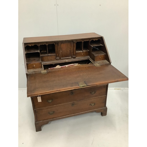 1119 - A mid 18th century oak bureau, width 91cm, depth 52cm, height 102cm