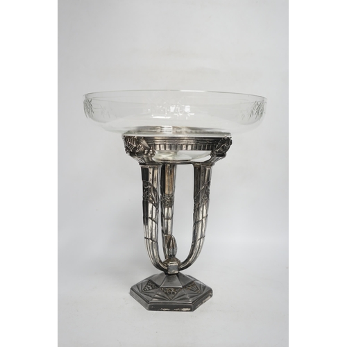 1283 - A French Art Deco silvered metal and glass centrepiece, 31cm