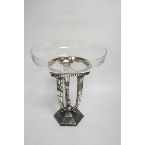 1283 - A French Art Deco silvered metal and glass centrepiece, 31cm