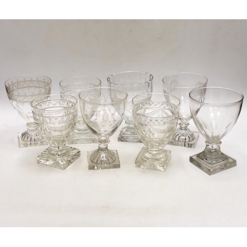 1328 - Three late 19th early 20th century square base wine glasses, three similar etched glasses and anothe... 