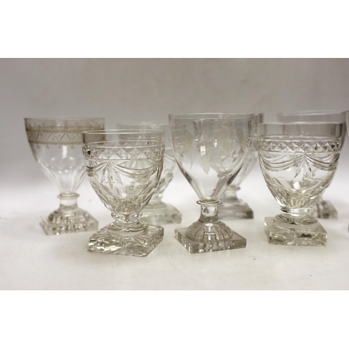 1328 - Three late 19th early 20th century square base wine glasses, three similar etched glasses and anothe... 