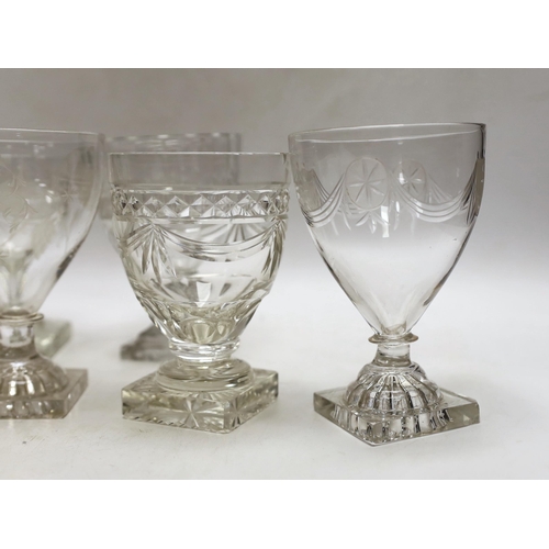 1328 - Three late 19th early 20th century square base wine glasses, three similar etched glasses and anothe... 