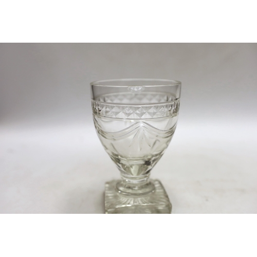 1328 - Three late 19th early 20th century square base wine glasses, three similar etched glasses and anothe... 