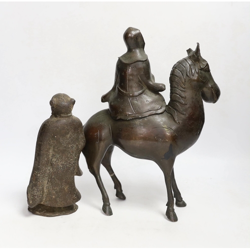 1331 - Two Chinese bronze figures; a luohan on his mule and a figure of a wise man, tallest 30cm