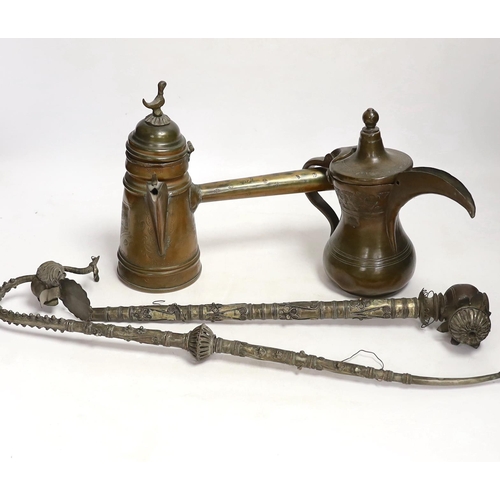 1335 - Two Indian opium pipes, and two Dallah coffee pots, tallest pot 22cm